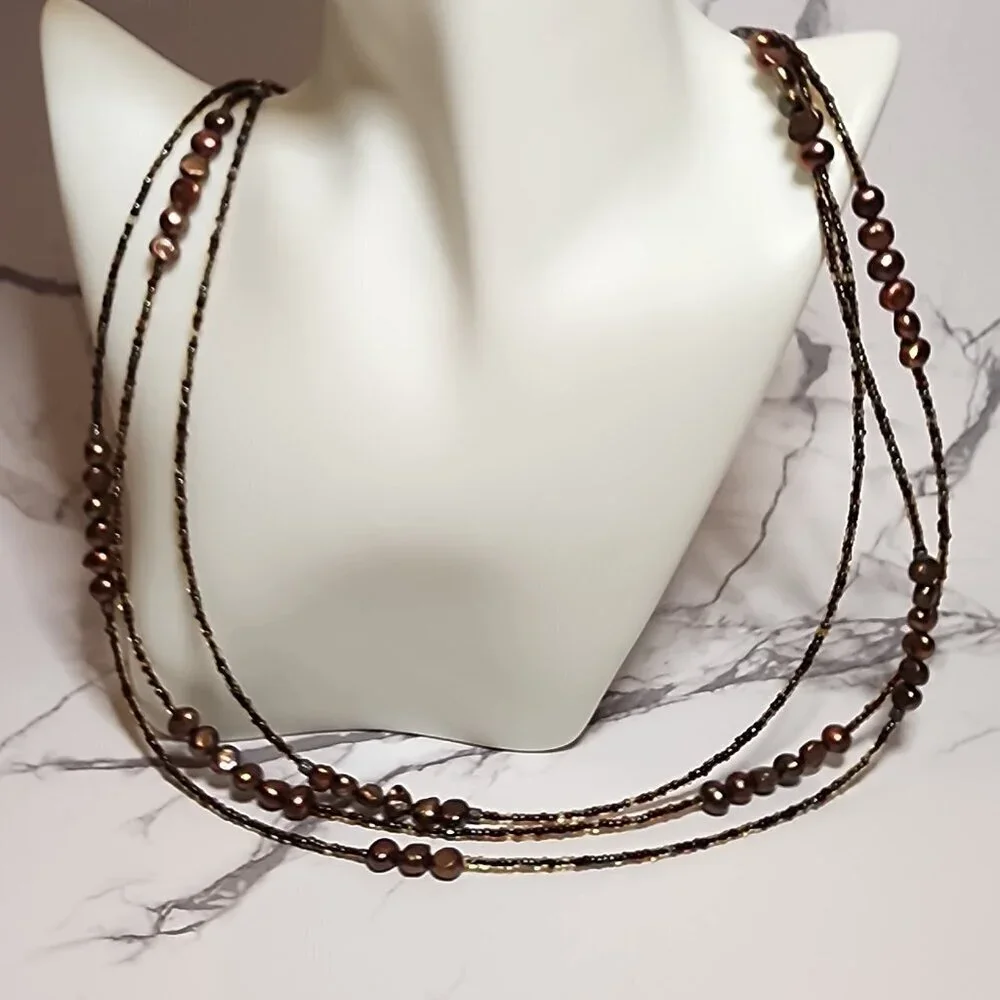Multi-Stand Brown Bead and Pearl Necklace